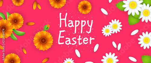 Happy Easter lettering with beautiful flowers. Easter greeting card. Typed text, calligraphy. For leaflets, brochures, invitations, posters or banners.