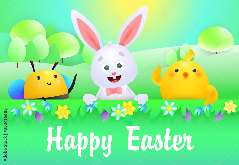 Happy Easter lettering with cute bunny, chicken and bee. Easter greeting card. Handwritten text, calligraphy. For leaflets, brochures, invitations, posters or banners. Happy Easter lettering with cute bunny, chicken and bee. Easter greeting card. Handwritten text, calligraphy. For leaflets, brochures, invitations, posters or banners.