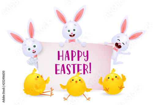 Happy Easter lettering with cute bunnies and chicks characters. Easter greeting card. Typed text, calligraphy. For leaflets, brochures, invitations, posters or banners.