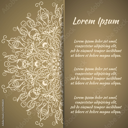 Postcard flyer, frame for congratulations on the wedding, Valentines Day, birthday, invitation, gratitude, celebration, Declaration of love. Vector gold brown background with mandala drawing. eps10