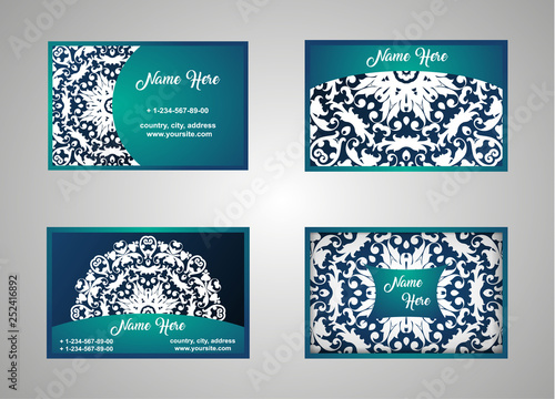 Business card, vintage card set with element of the mandala design of the logo. Abstract layout with Oriental patterns. The front and rear sides. Easy to use and edit text