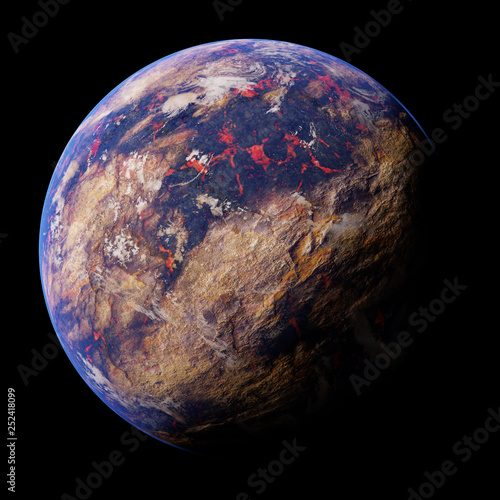 alien planet, burnt exoplanet with lava streams on the surface isolated on black background photo