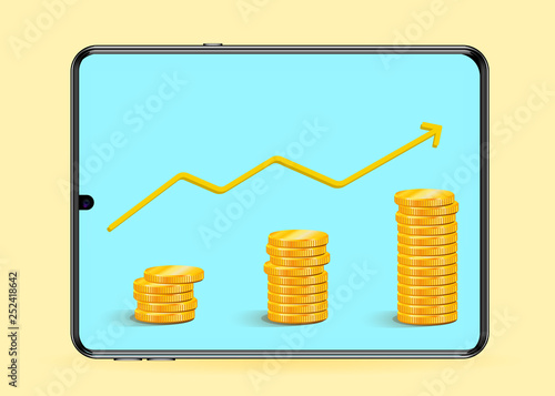 New frameless tablet on the screen of which Gold Coins Earnings Growth, Career Growth Business Vector EPS 10