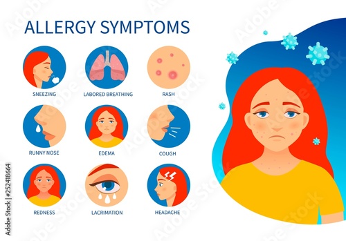 Vector poster allergy symptoms. Illustration of cartoon girl with allergy.