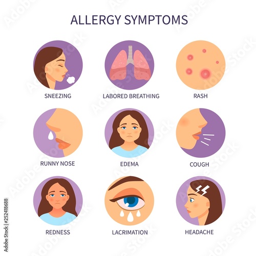 Vector poster allergy symptoms. Illustration of cartoon girl with allergy. photo