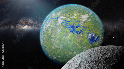 green alien planet with moon  exoplanet with surface water and plant life  3d space illustration 