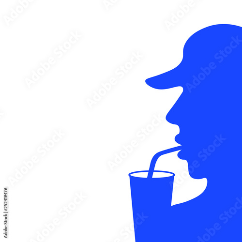 The image of a man in blue drinking a cocktail from a tube on a white background.