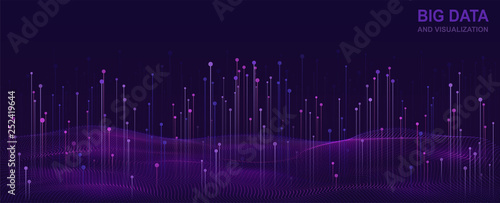 Big data visualization. Futuristic design of data flow. Abstract digital background with flowing particles. Abstract digital background with waves, lines and dots.