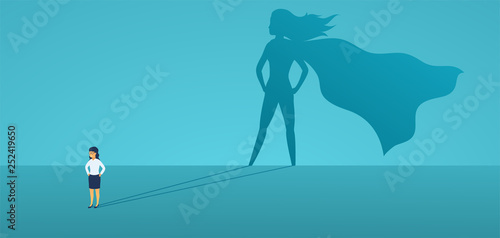 Business woman with big shadow superhero. Super manager leader in business. Concept of success, quality of leadership, trust, emancipation. Vector illustration flat style.