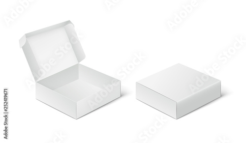 Canvastavla Two empty closed and open packing boxes, box mockup on white background