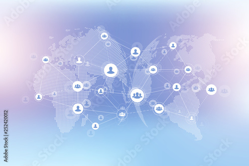 Abstract people connection technology concept with dotted world globe. Global business concept and internet technology background. Modern company processes. Analytical networks. Vector illustration