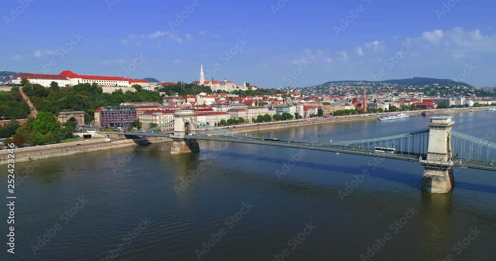 Aerial of Széchenyi Chain Bridge in Budapest Hungary with River Danube. Aerial of Széchenyi Chain Bridge in Budapest Hungary with River Danube.