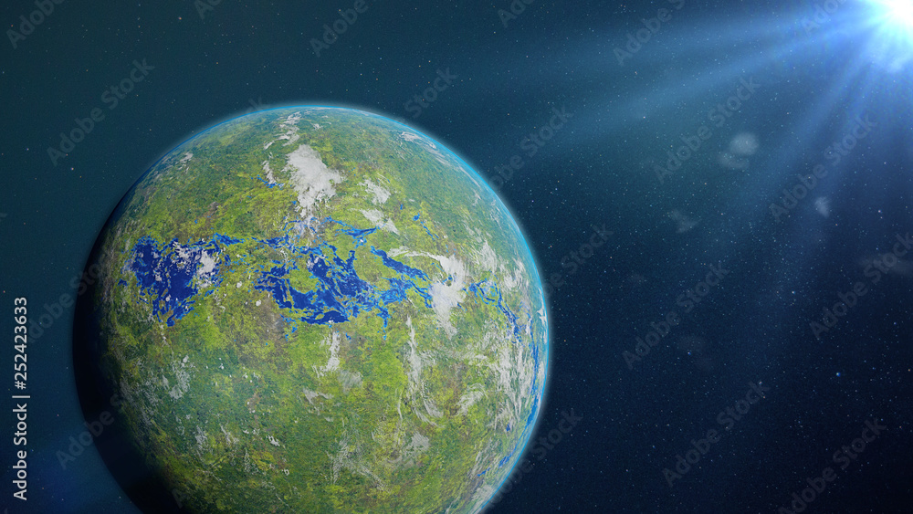 Obraz premium green alien planet, exoplanet with surface water and plant life (3d space illustration)