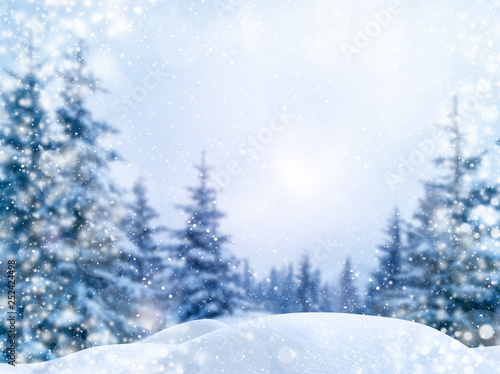 Winter Christmas scenic background with copy space. Blurred snow landscape with spruce branches covered with snow and glowing bokeh falling snow. © Creatikon Studio