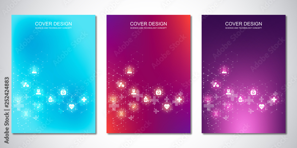 Template brochure or cover with medical icons and symbols. Healthcare, science and innovation technology concept.