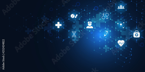 Healthcare and medical background with flat icons and symbols. Science, medicine and innovation technology concept.