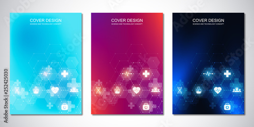 Template brochure or cover with medical icons and symbols. Healthcare, science and innovation technology concept.