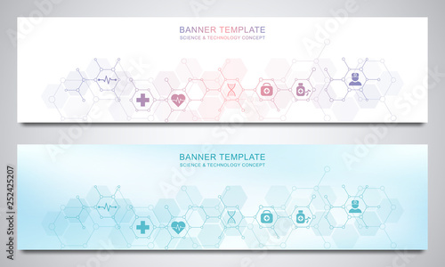 Banners design template for healthcare and medical decoration with flat icons and symbols. Science, medicine and innovation technology concept.