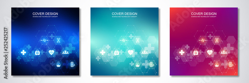 Square template brochure or cover with medical icons and symbols. Healthcare, science and innovation technology concept.