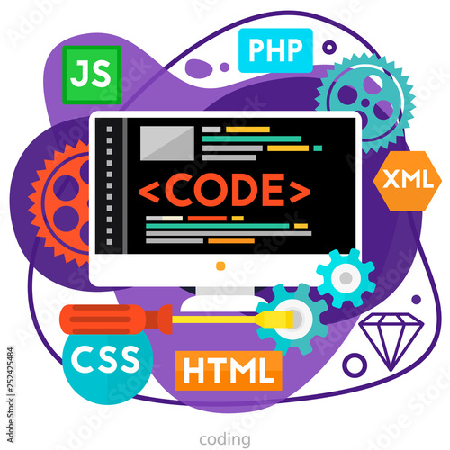 Coding concept banner. Square composition  vector illustration. Trendy amoeba style