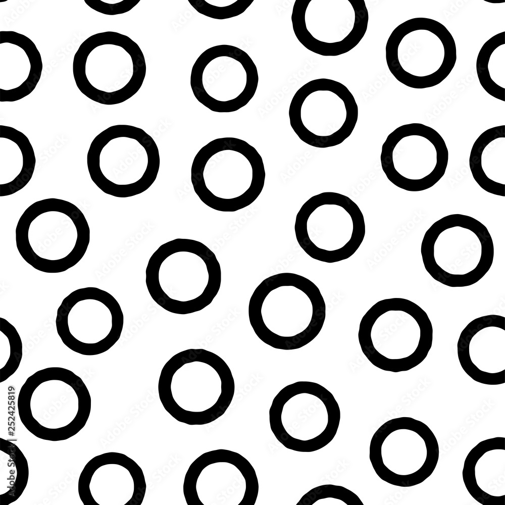 Black circle seamless pattern with hand drawn outline rings. Vector chaotic monochrome texture with round contour shapes isolated on white background