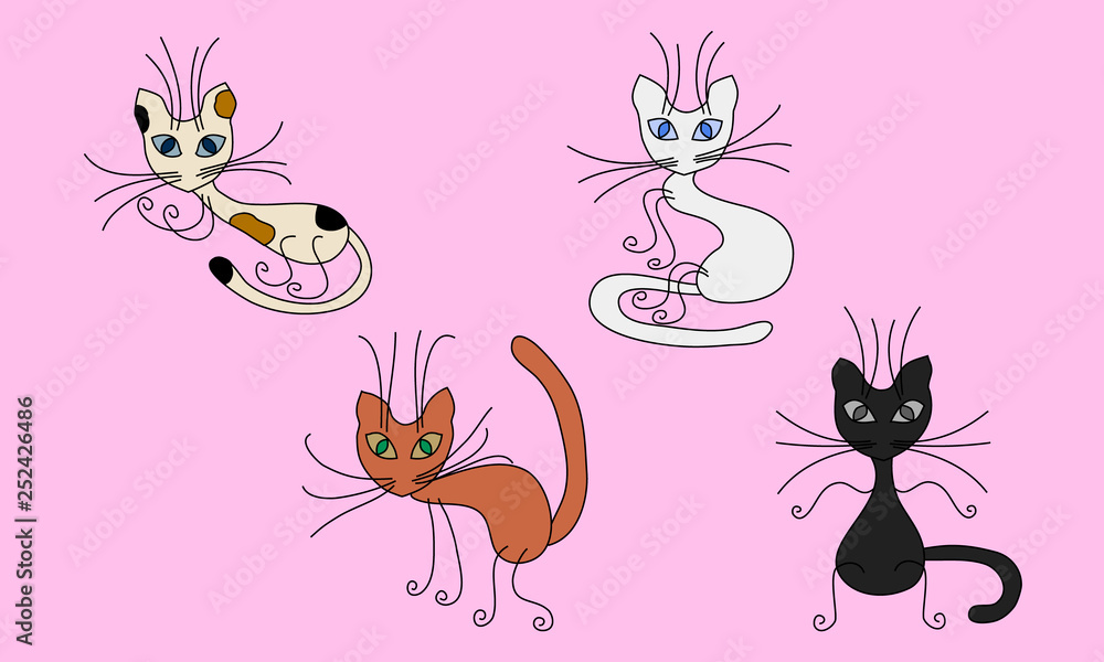 four different colors of a cat on a pink background