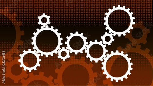 UHD animating cogs on a orange halftone background - 10 second animating backdrop - ideal for infographics and web videos