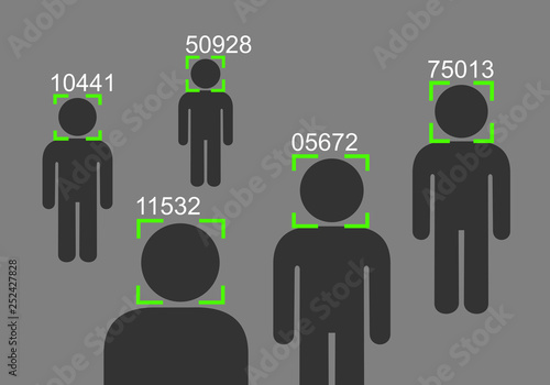 Facial recognition - surveillance, monitoring and control of society through camera and modern technology. Vector illustration