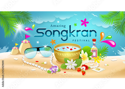 Amazing Songkran Festival summer of Thailand on sea background, vector illustration