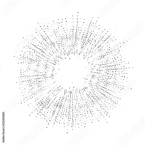 Digital burst pattern with multiple dots. Explosion consist of black particles isolated on white background. Futuristic big data illustration. Abstract dotted concept for galaxy or universe design