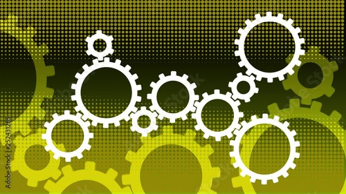 UHD animating cogs on a yellow halftone background - 10 second animating backdrop - ideal for infographics and web videos
