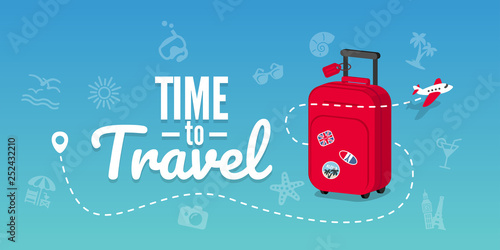 Travel bag with stickers. Concept for aircraft, travelling and trip. Trip background.