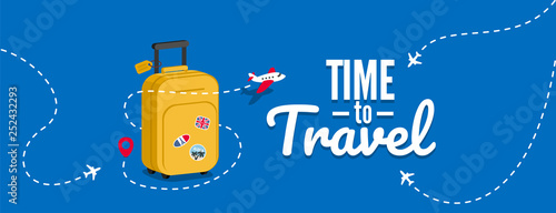 Travel bag with stickers. Concept for aircraft, travelling and trip. Trip background.