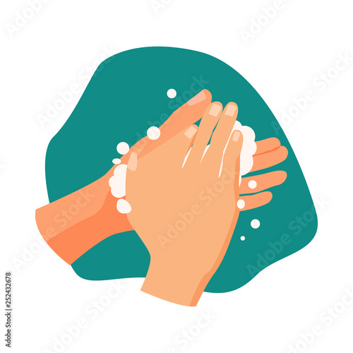 Hands with soap foam illustration. Water, soap, washing hands. Hygiene concept. Vector illustration can be used for healthcare, skincare, hygiene
