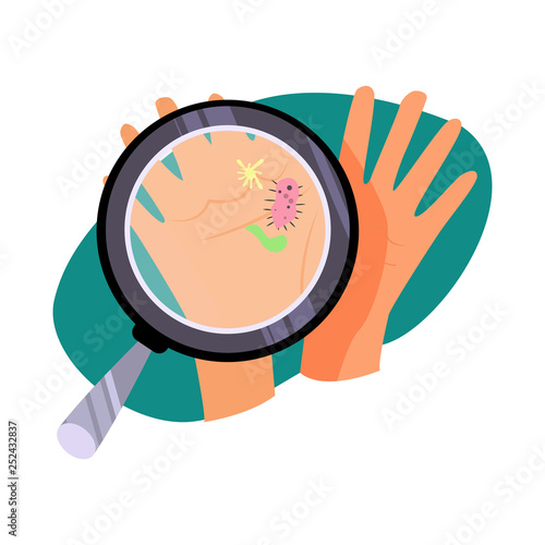 Microbes and hands illustration. Lens, bacteria, dirty. Hygiene concept. Vector illustration can be used for healthcare, hygiene