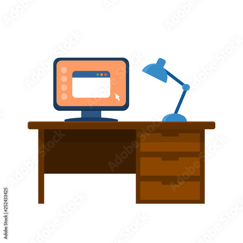 Computer and desk lamp on the table. Vector illustration in flat sryle.