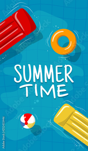 Swimming pool top view background. Rubber ring and raft floating on water. Vector illustration in flat style