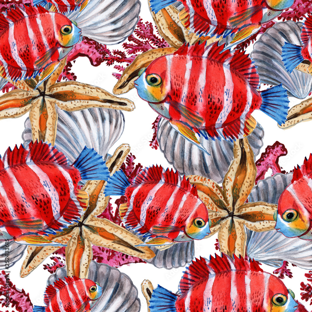 Seamless pattern of sea fish. Sea background. Fish watercolor.