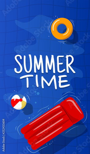 Swimming pool top view background. Rubber ring and raft floating on water. Vector illustration in flat style