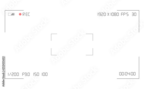 Video camera viewfinder overlay. Photo or video camera viewfinder grid with many shooting settings on screen.