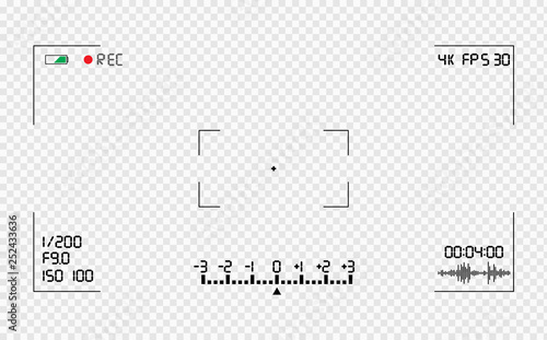 Video camera viewfinder overlay. Photo or video camera viewfinder grid with many shooting settings on screen.