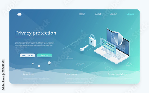 Online payment protection system concept with laptop. Banner with protect data and confidentiality. Mobile data security isometric.