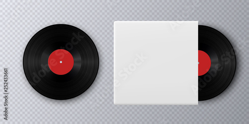 Realistic Vinyl Record with Cover Mockup. Gramophone vinyl record with label. 