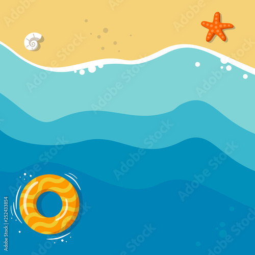 Aerial view of summer beach. Background tamplate with text summer time. Vacation on the tropical seaside. Holiday on sea sand.