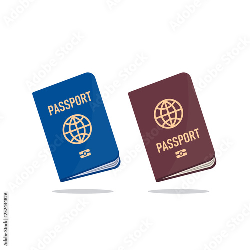 Blue and brown passport with shadow. Illustration in flat style. Vector isolated object. photo