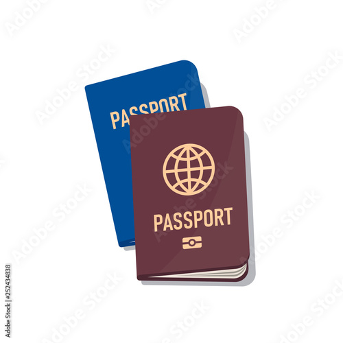 Blue and brown passport with shadow. View top. illustration in flat style. Vector isolated object.