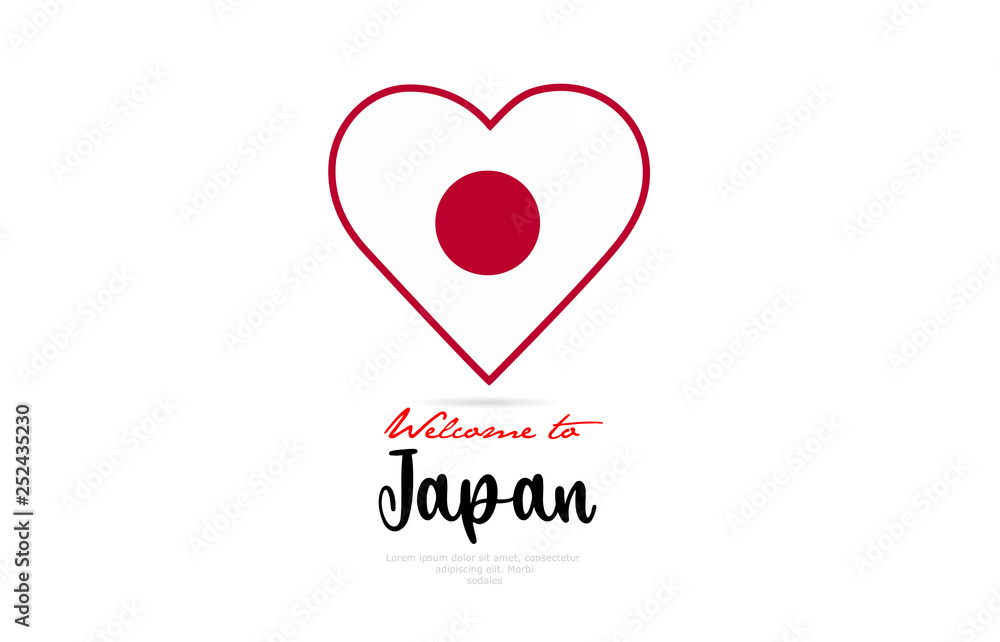 Welcome to Japan country flag inside love heart creative logo design