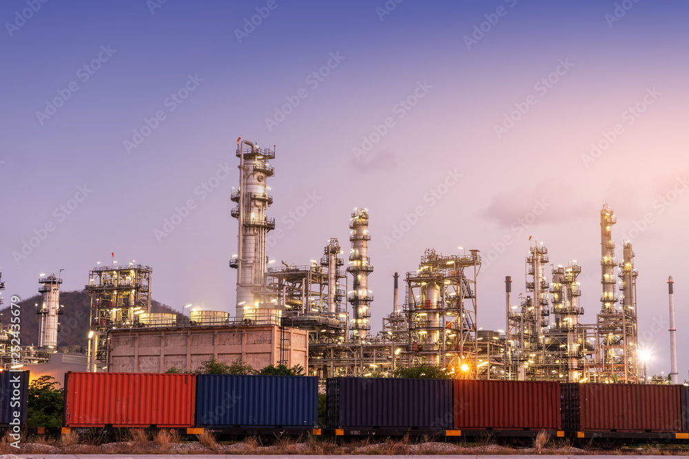 Fototapeta premium Night oil refinery industry, fuel manufacturer with city.