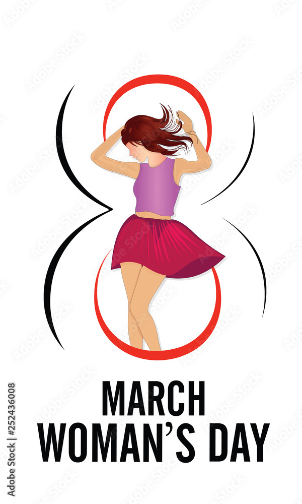 Happy Women's Day greeting card, gift card background with design of a women and text 8th March. - Vector