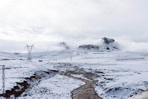 Snow scene on the way across the northern Nyenchen Tanglha Mountains Range from lake Namtso to Damxung  downtown, Lhasa, Tibet, China. photo